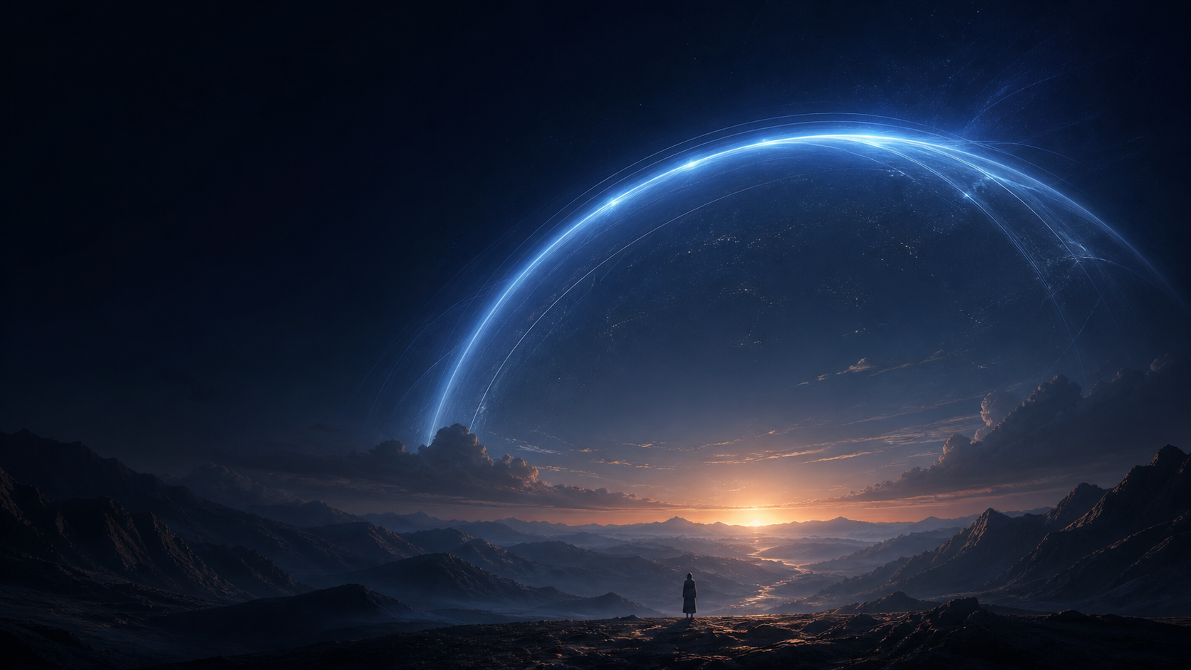 Mountain horizon with a luminous agent-intelligence arc and a small human silhouette